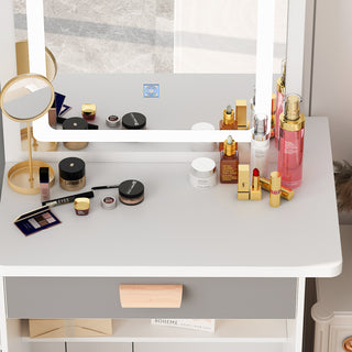 Vanity Set Makeup Vanity Dressing Table with Sliding Mirror, 4 Drawers & Shelves, Dresser Desk and Cushioned Stool Set