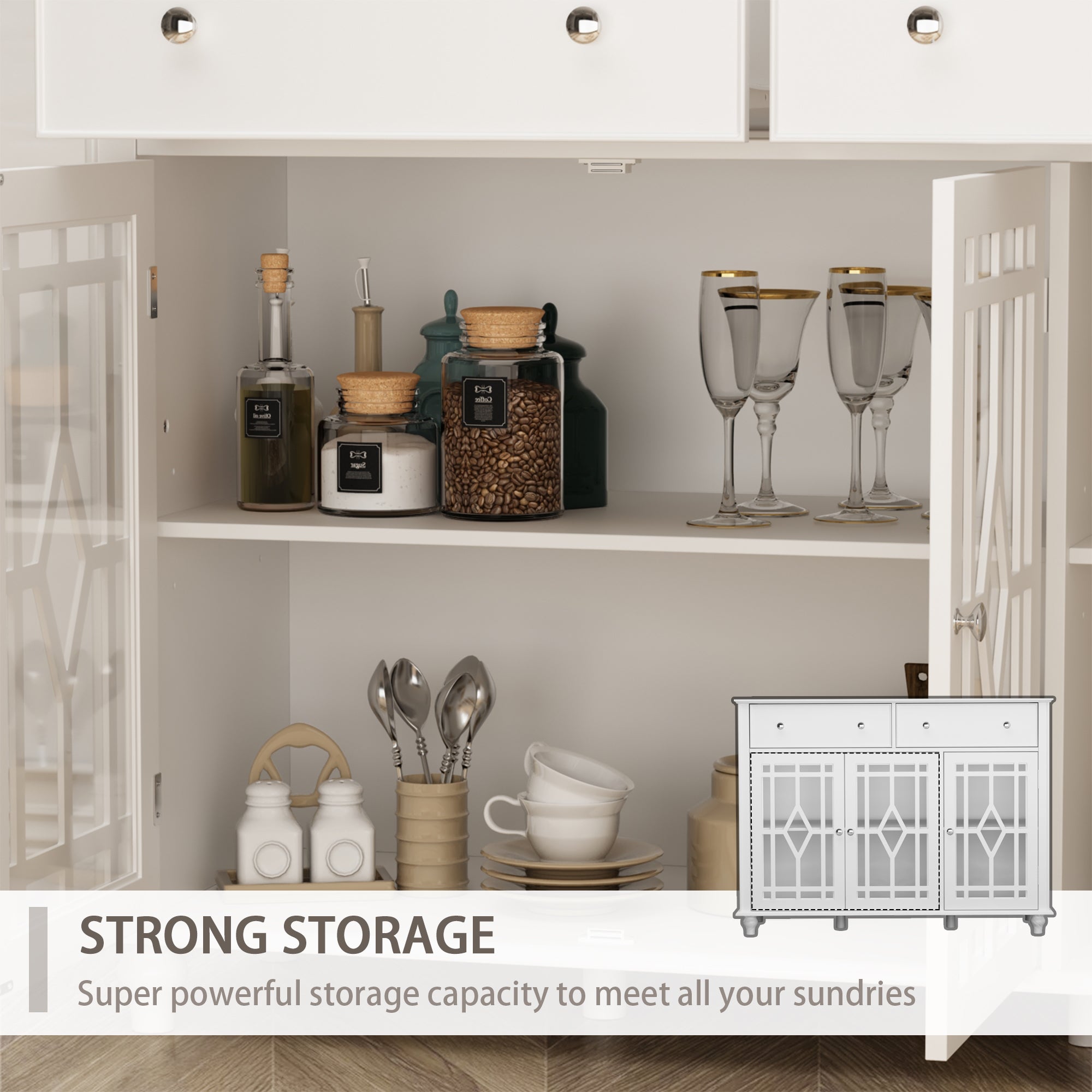 White Buffet Cabinet Storage Sideboard Organizer with Glass Doors