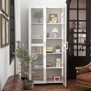 Office Bookshelf Rectangular Display Cabinet Home Bookcase 5 Shelves 2 Glass Doors 72"W