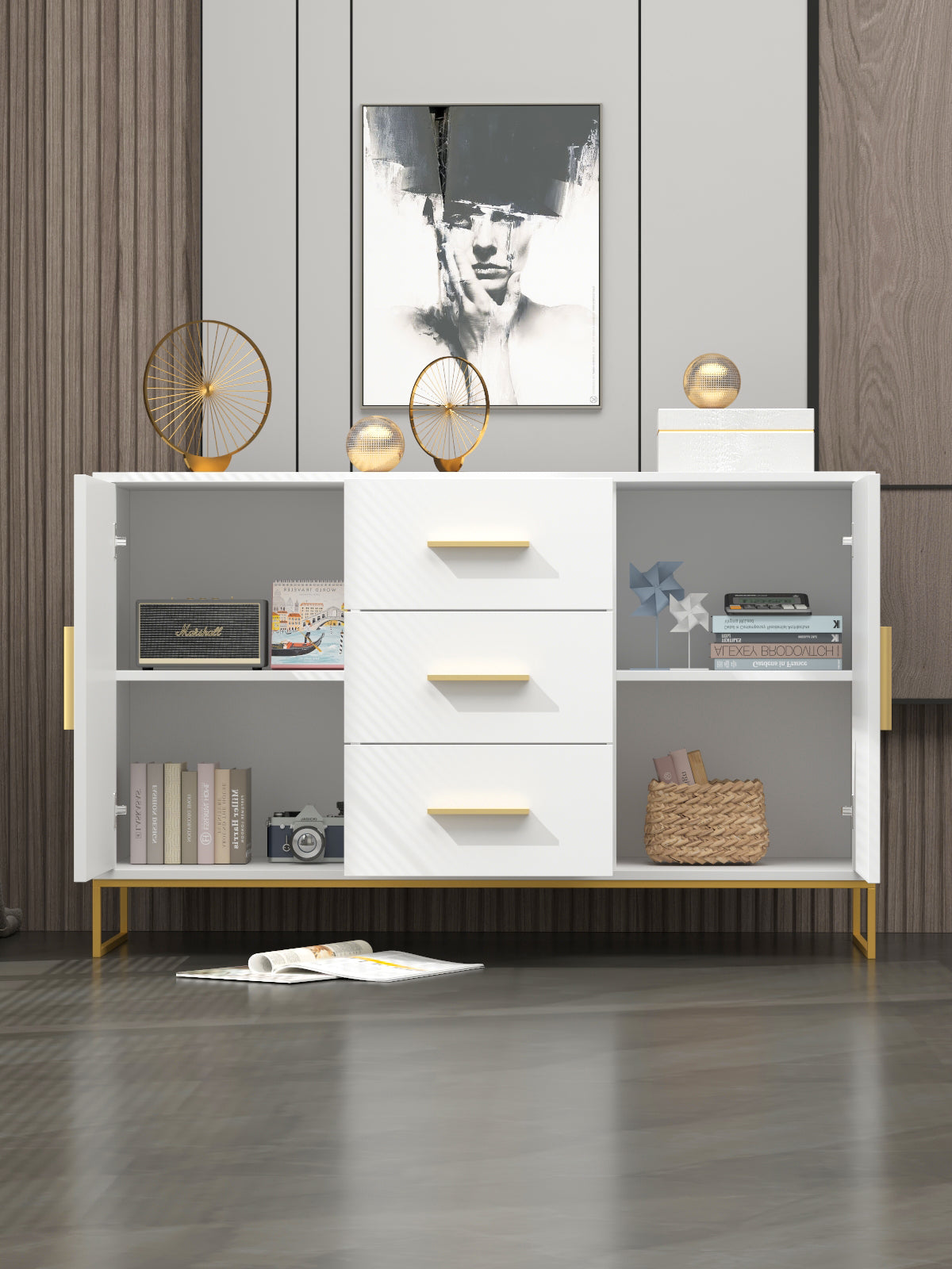 Buffet Sideboard with 3 Drawers & 2 Doors Storage Cabinet Sideboard Credenza Metal Legs for Dining Room and Living Room