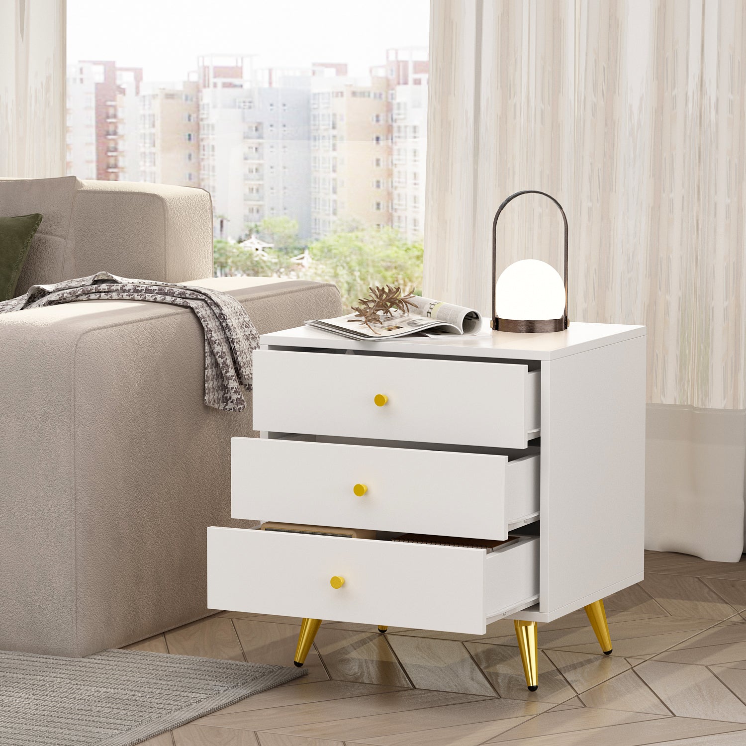 Storage Nightstand Chest 3 Drawers Cabinet in Bedroom with Metal Parts