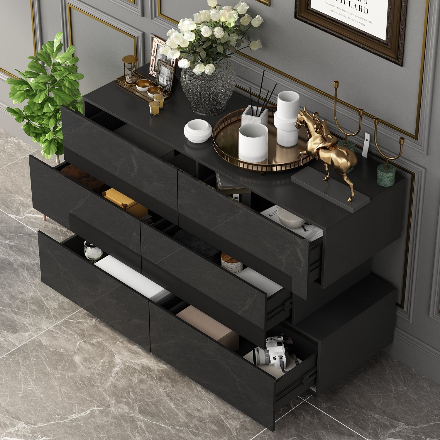 High Gloss Double Dress Chest 6-Drawer Sideboard for Living Room