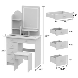 5-Drawer Makeup Vanity Set Dressing Table Set with Stool, Mirror, LED Light and 3-Tier Storage Shelves