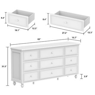 Modern 9-Drawer Triple Dresser White Finish Wide Storage Chest