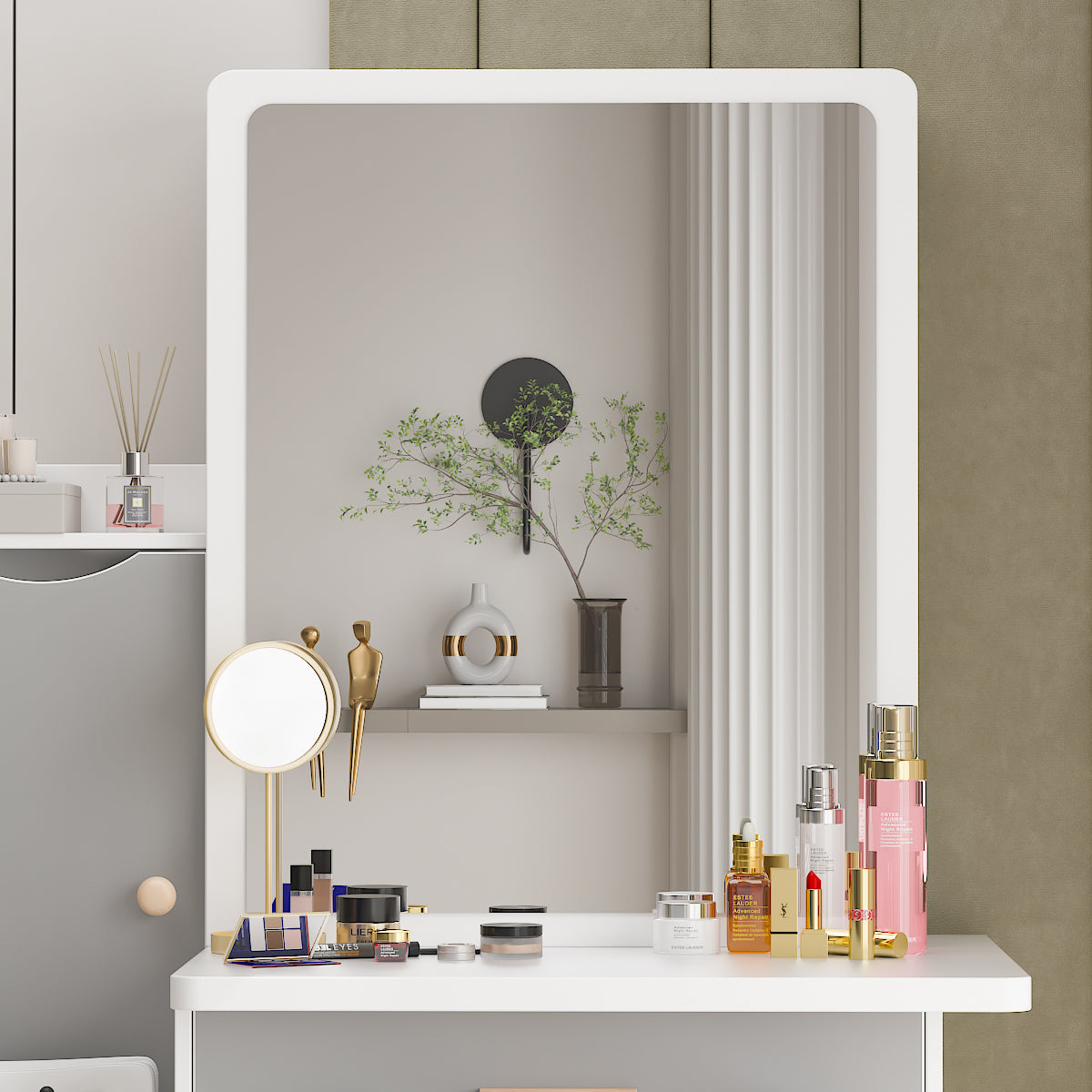 Vanity Set Makeup Vanity Dressing Table with Sliding Mirror, 4 Drawers & Shelves, Dresser Desk and Cushioned Stool Set