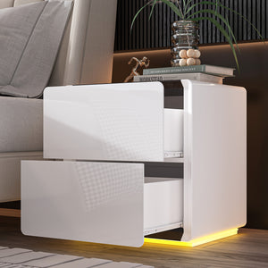 Nightstand High Gloss Bedside Table with LED Light 2-Drawer End Table
