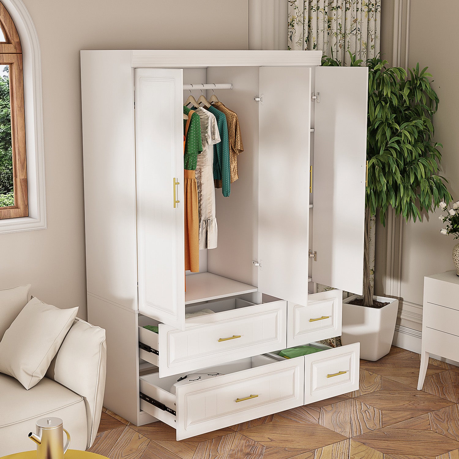 Wardrobe Heavy Duty Clothes Closet Storage Cabinet Armoire with Metal Handles for Small Living