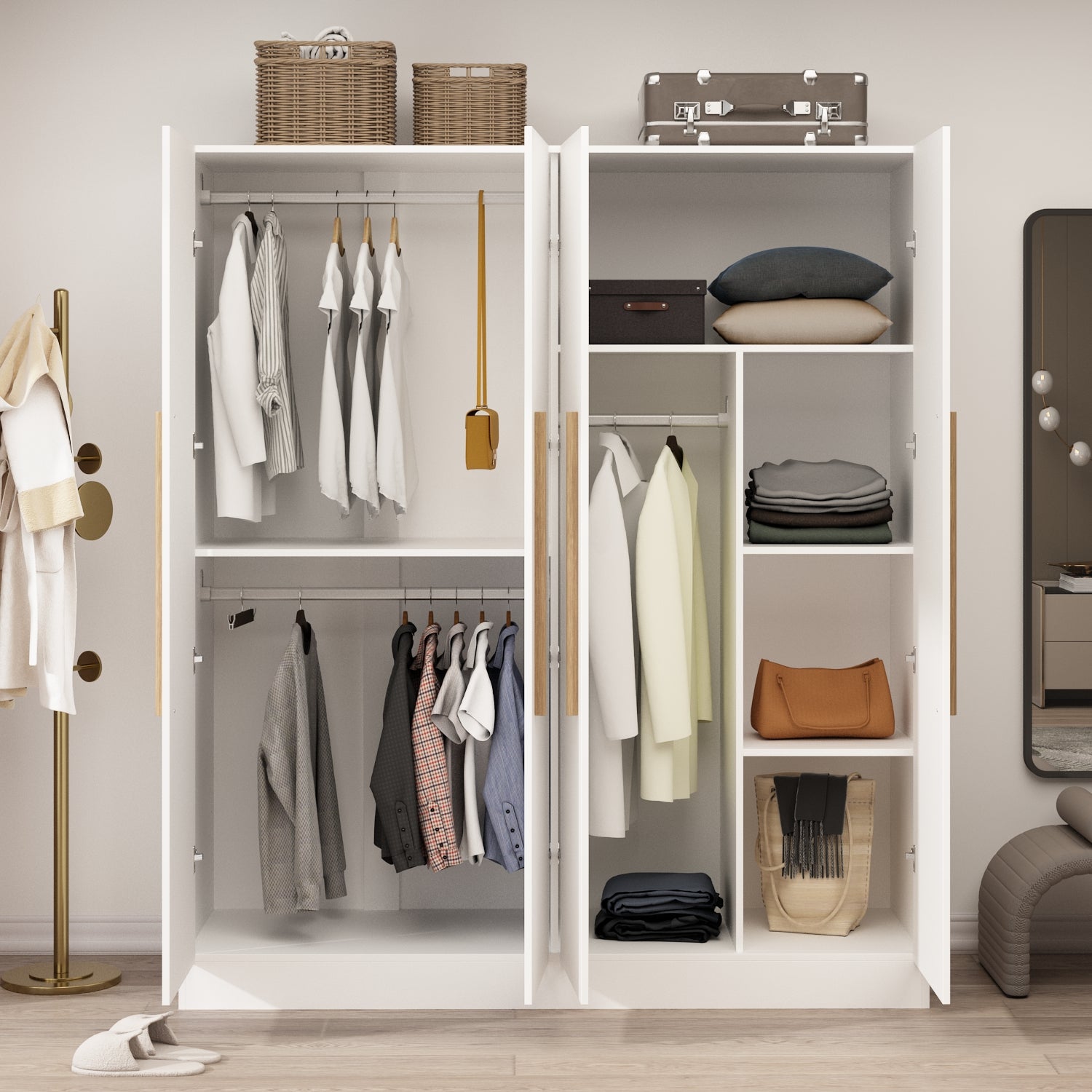 Armoire Solid Wood Clothes Organizer Storage Cabinet 4-Door Wardrobe Family Closet