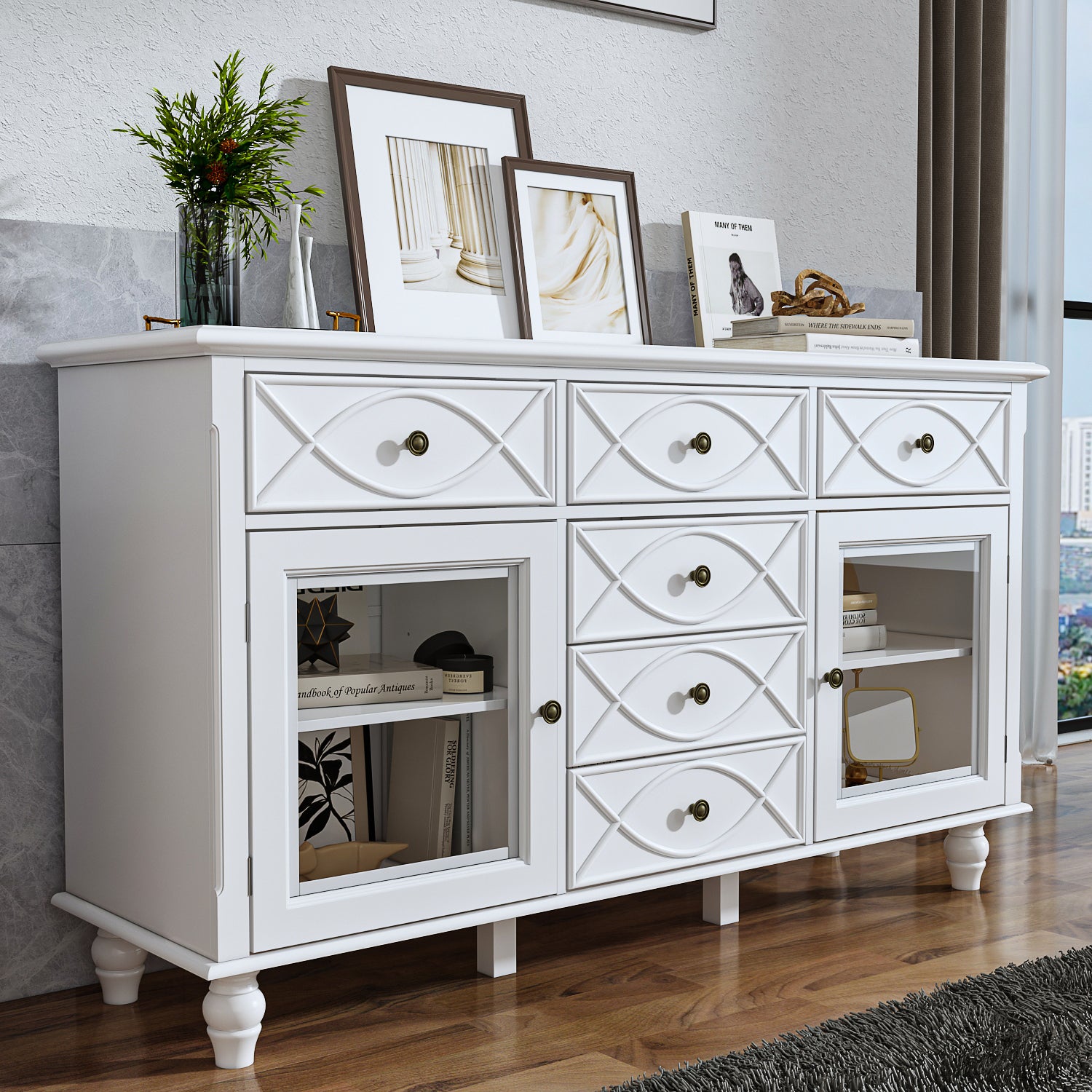 Accent Sideboard White Wood Kitchen Sideboard with Drawers Modern Buffet 55"W