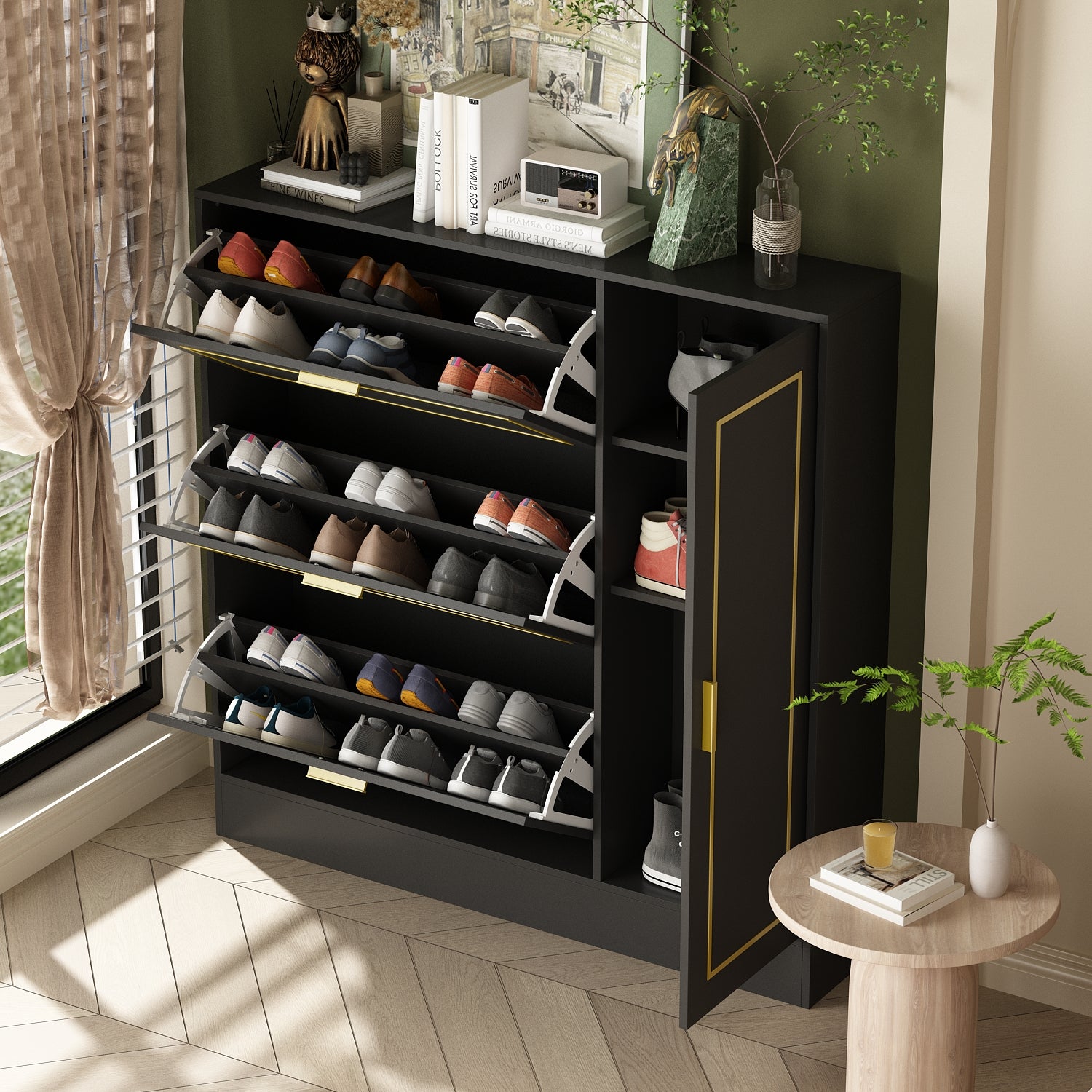 Entryway Shoe Storage Cabinet 3 Shelved Shoe Cabinet Organizer with Flip Drawers and Door