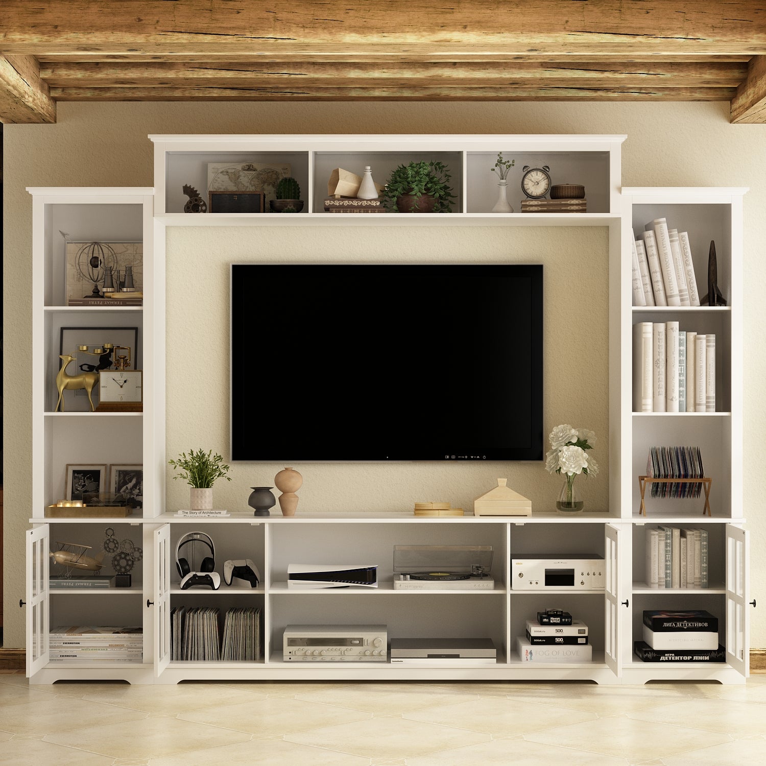 TV Stand Large Entertainment Wall Unit White Entertainment Center for Living Room