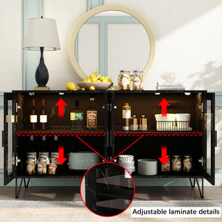 Lighted Sideboard Buffet Storage Cabinet with Glass Doors Adjustable Shelves & Metal Legs Marble Grain