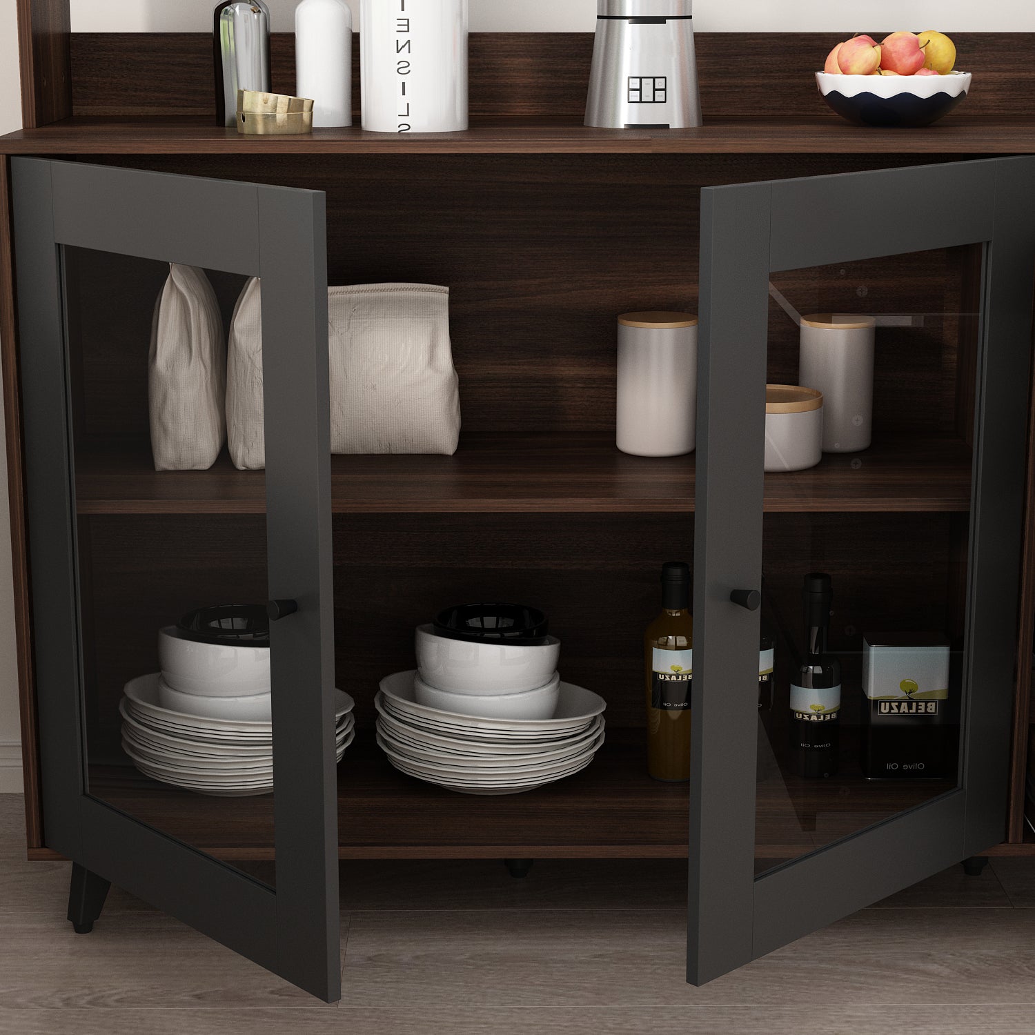 FOTOSOK Kitchen Pantry Storage Cabinet, 63'' Tall Pantry Cabinet with Glass  Doors and Adjustable Shelves, Kitchen Cabinet Cupboard with Microwave
