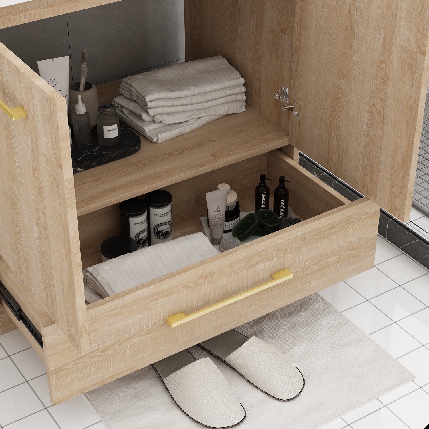 Modern Bathroom Vanity Cabinet with White Stone Vessel Sink