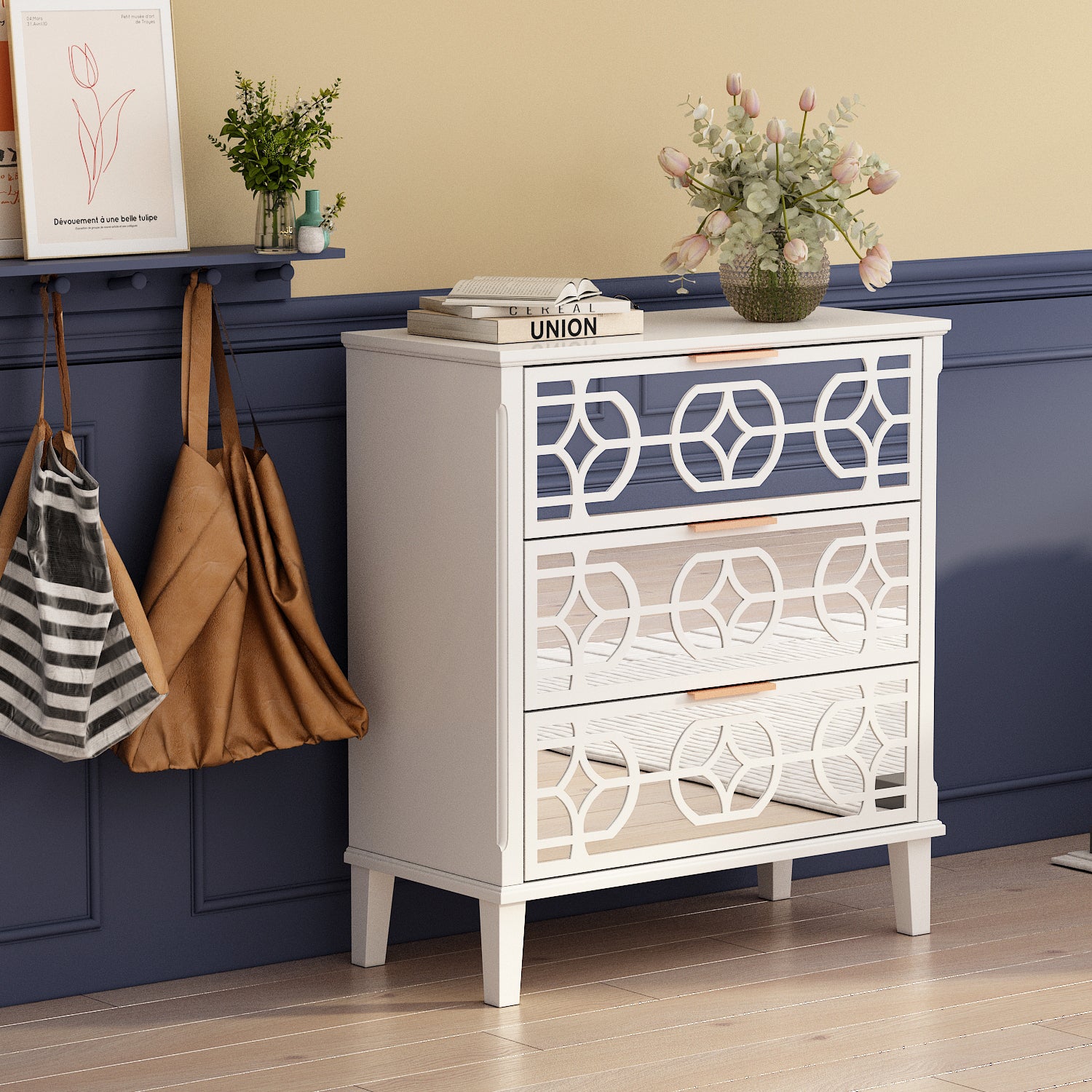Mirrored Chest Bedroom Nightstand Sideboard with 3 Drawers