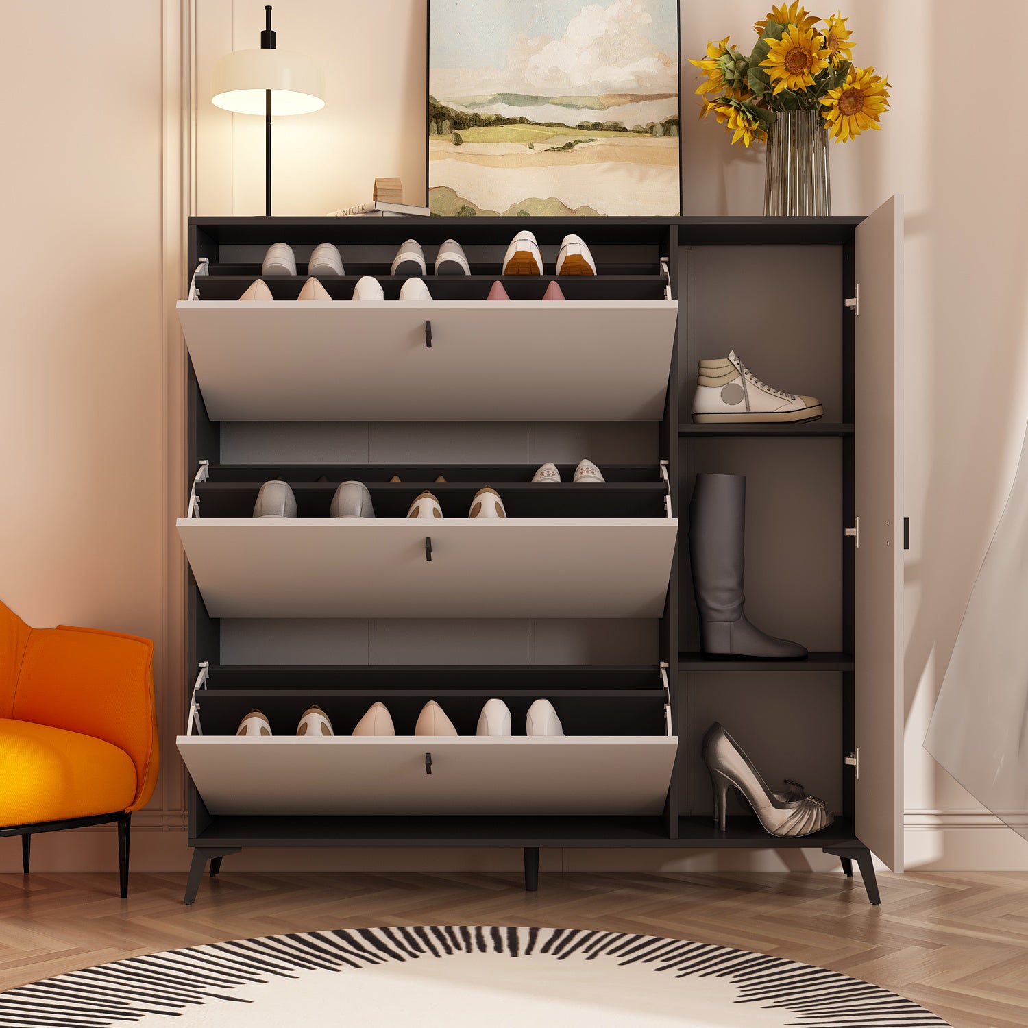 Modern Shoe Storage Cabinet with 3 Flip Drawers Wood 3-Tier Shoe Rack Storage Organizer for Entryway