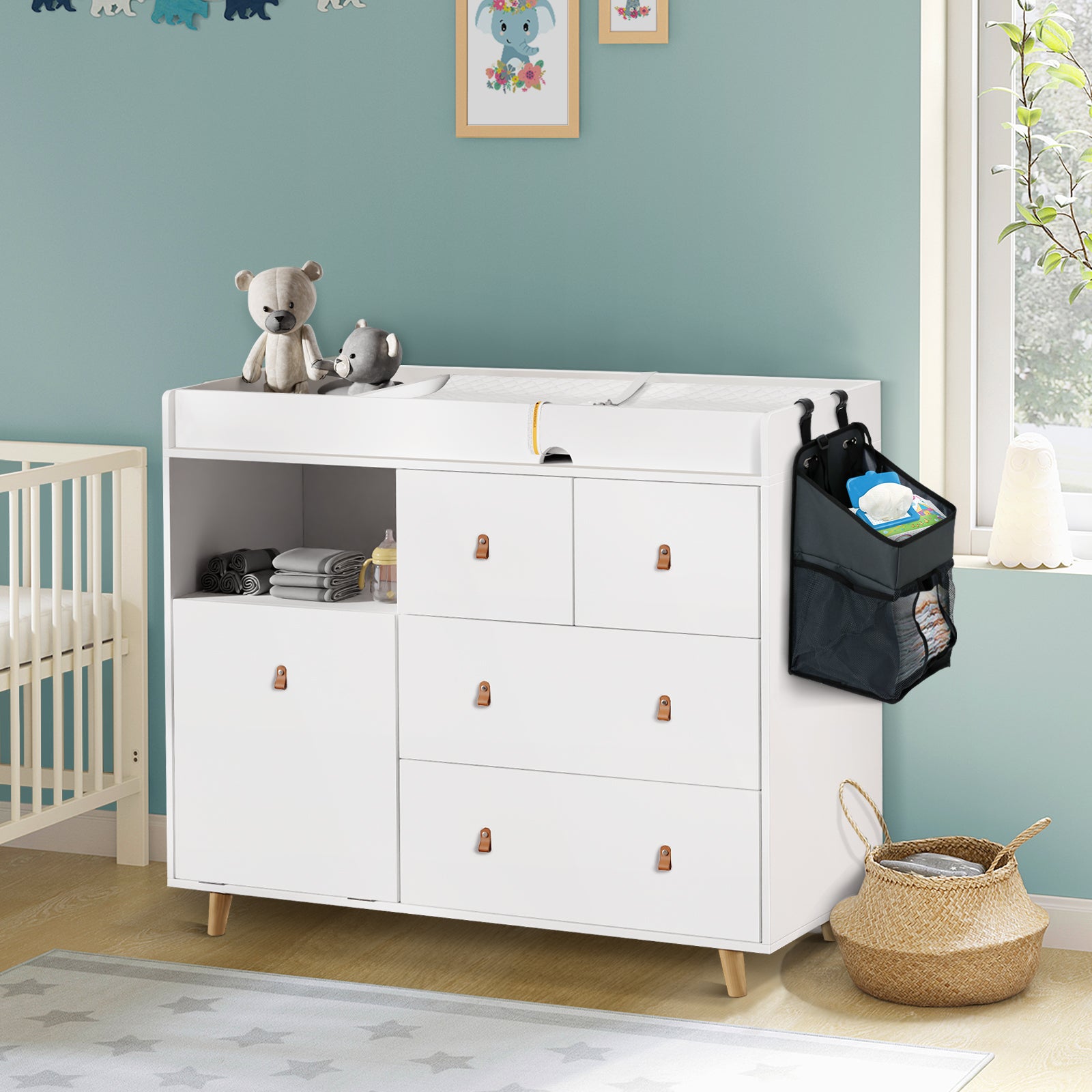 Baby Change Table Dresser Nursery Table Dresser 5 Drawers with Open Storage