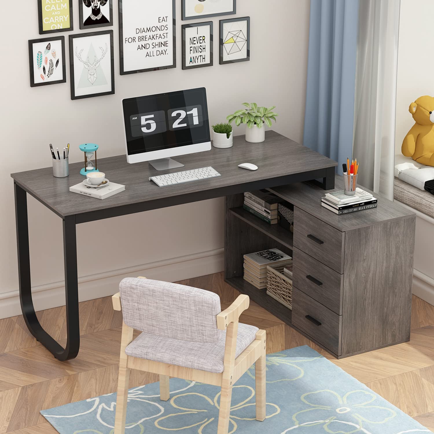 Home Office Computer Desk Corner Desk with 3 Drawers and 2 Shelves, 55 Inch Large L-Shaped Study Writing Table with Storage Cabinet