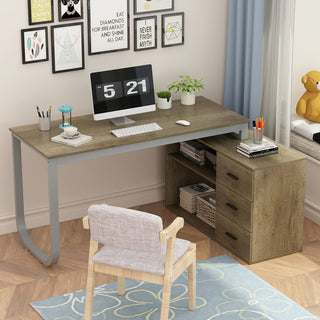 Home Office Computer Desk Corner Desk with 3 Drawers and 2 Shelves, 55 Inch Large L-Shaped Study Writing Table with Storage Cabinet