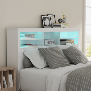 Storage Headboard Bookcase Headboard with LED Light & Charging Station
