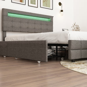 Upholstered Storage Bed with Led Light and Charging Port Queen Size