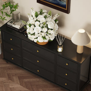Modern 9-Drawer Triple Dresser White Finish Wide Storage Chest Sideboard for Living Room Bedroom