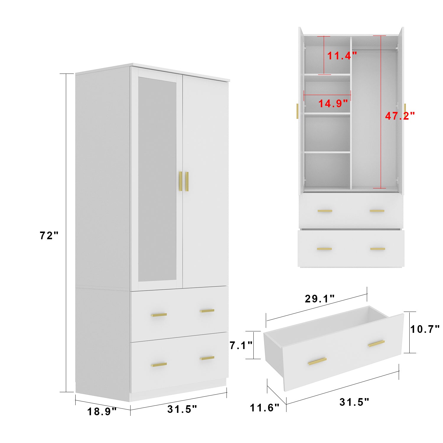 Wardrobe Closet with Mirrored Doors and Hanging Rod for Bedroom