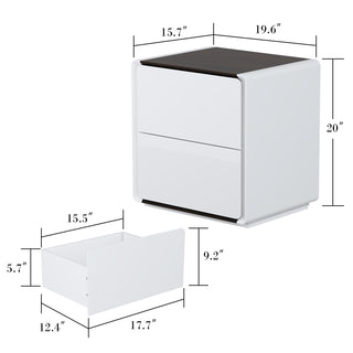 Nightstand High Gloss Bedside Table with LED Light 2-Drawer End Table