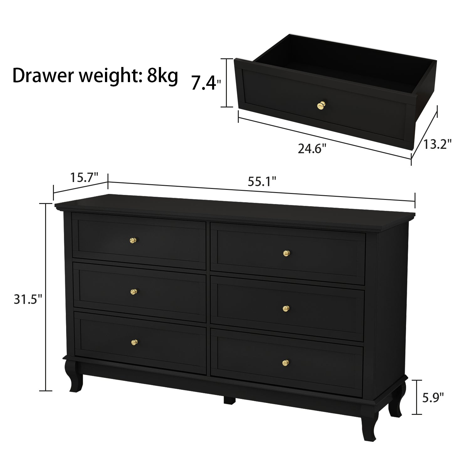 6-Drawer Dresser for Bedroom Display Wood Storage Chest of 6 Drawers Cabinet