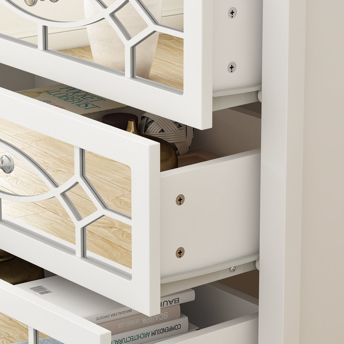 Dresser with 3 Mirrored Drawers Storage Nightstand in White