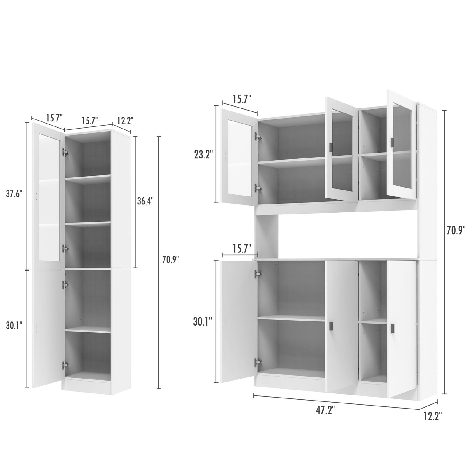 Wooden Bookshelf Display Cabinet 4 Doors Kitchen Pantry Cupboard Console Table with Open Cubes for Living Room Dining Room